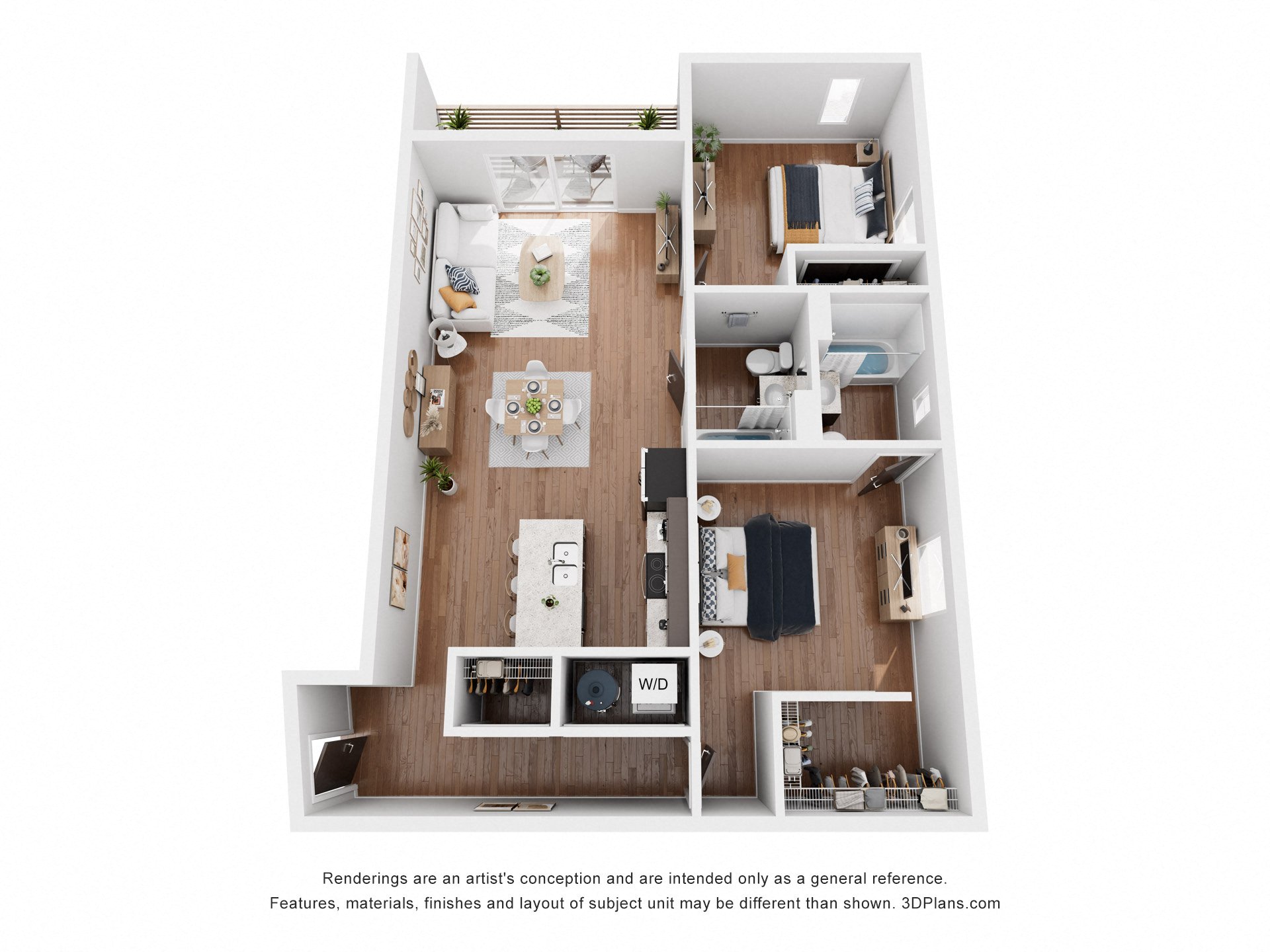 Floor plan for 2 beds, 2 baths, 975 sqft
